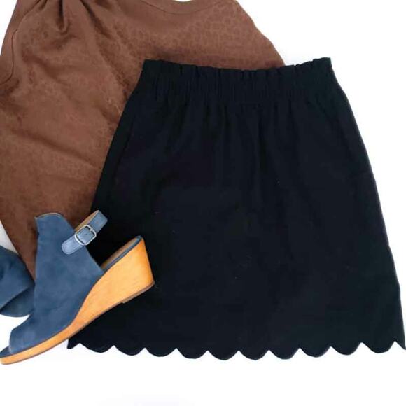 J. Crew Factory Linen Blend Skirt Black, Scallop Hem Size 0, Elastic Waist - Picture 2 of 6